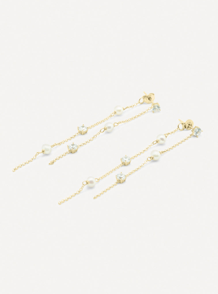 TWIN GLOW - wisdom, protection, strenght - golden silver chain with pearl and zircon dangle earrings - [18DELPERO]