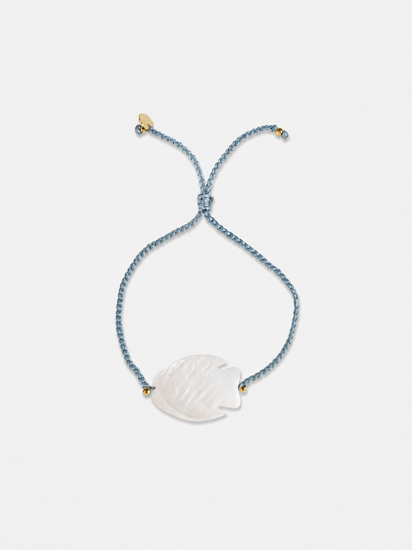 THE FISH adjustable bracelet -Tahitian Mother-of-Pearl fish and light blu crochet cord - [18DELPERO]