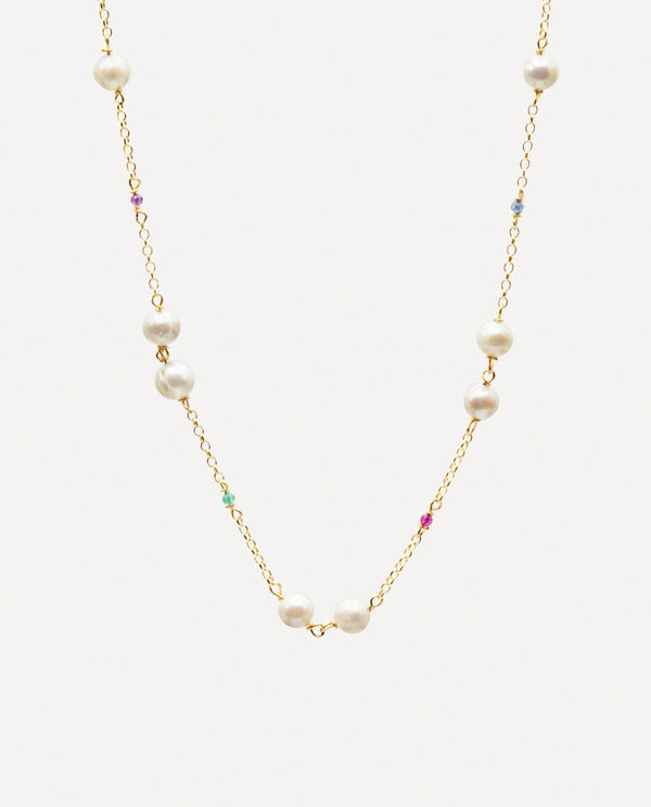 Carlotta _ Golden silver rolo chain fresh water pearls and precious stone necklace - [18DELPERO]
