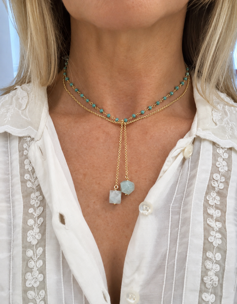 FIORDALISO Necklace - 18kt gold plated sterling silver rolo chain and amazonite stone - [18DELPERO]
