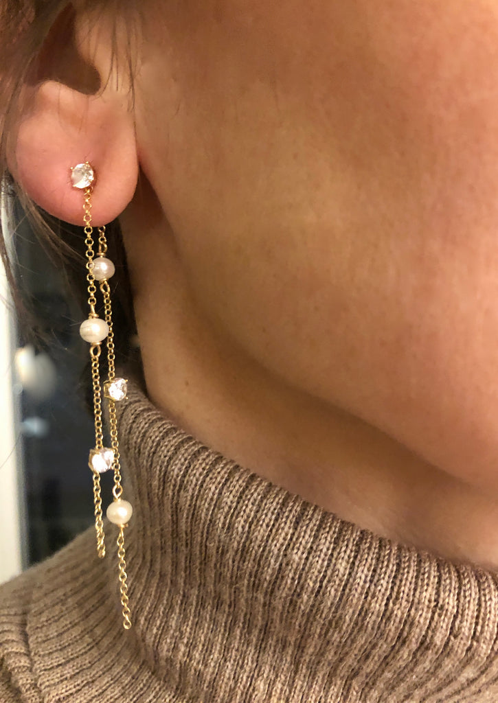 TWIN GLOW - wisdom, protection, strenght - golden silver chain with pearl and zircon dangle earrings - [18DELPERO]
